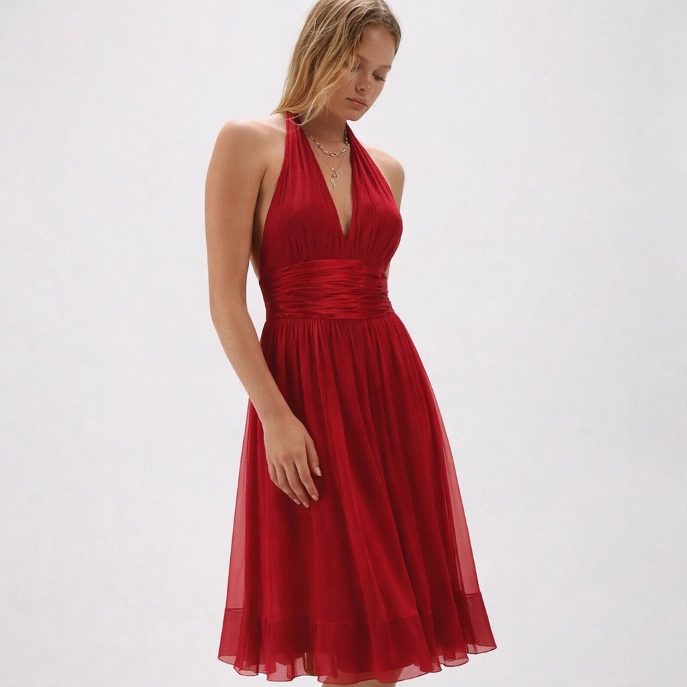 Red Silk Halter Midi Dress 12 Pleated Chiffon‎ Formal Cocktail Maggie London NWT